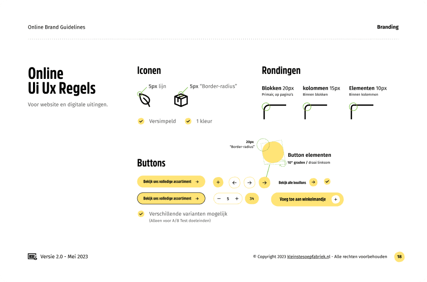 UI/UX designregels voor Kleinste Soepfabriek, met richtlijnen voor een consistente branding.