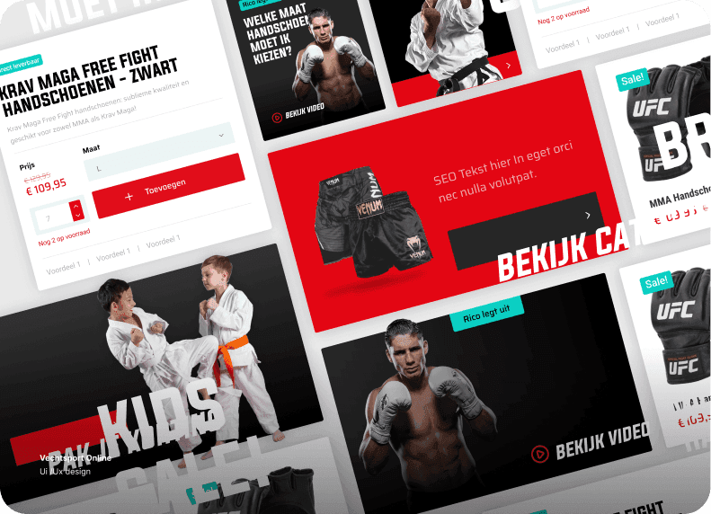 UI/UX design voor Vechtsport.nl, een dynamische en gebruiksvriendelijke webshop.