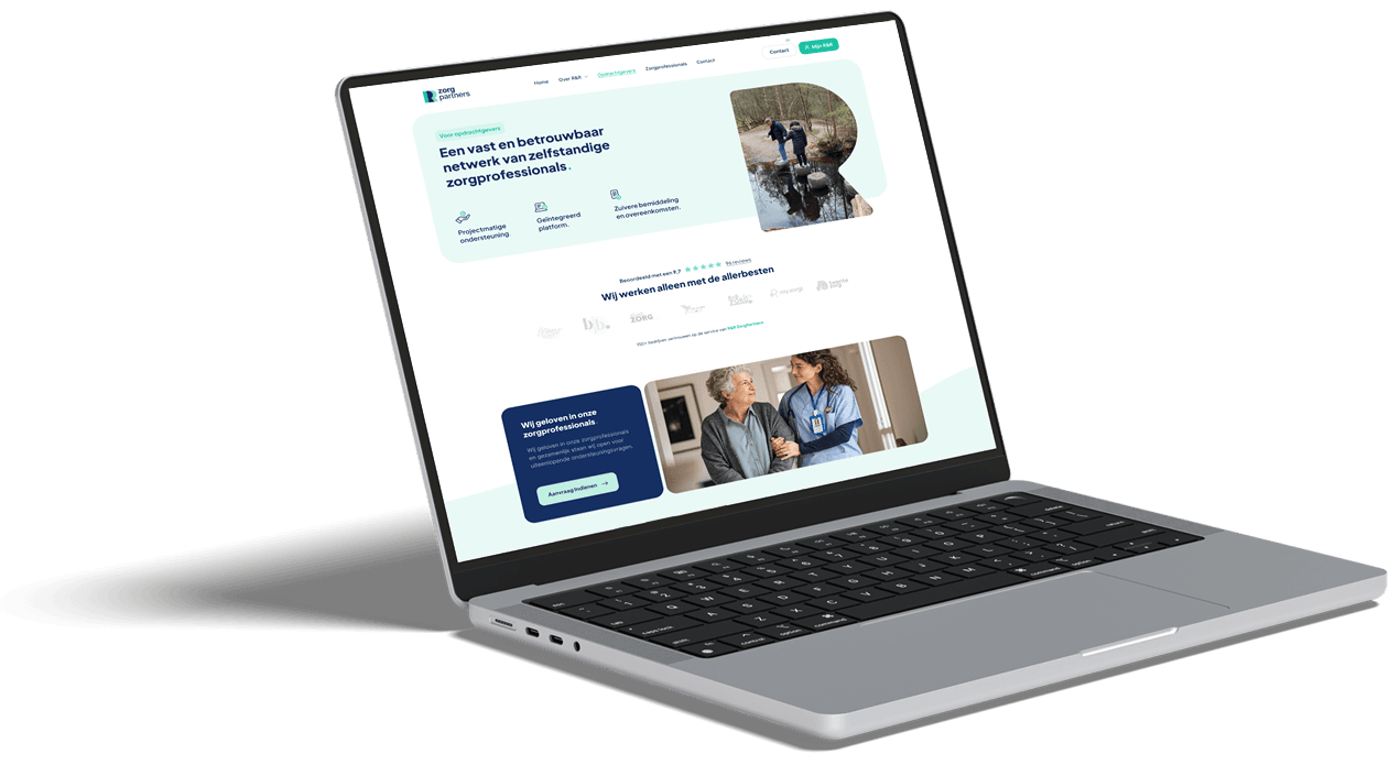 Mockup van een laptop met een hero-sectie van een moderne website op het scherm.