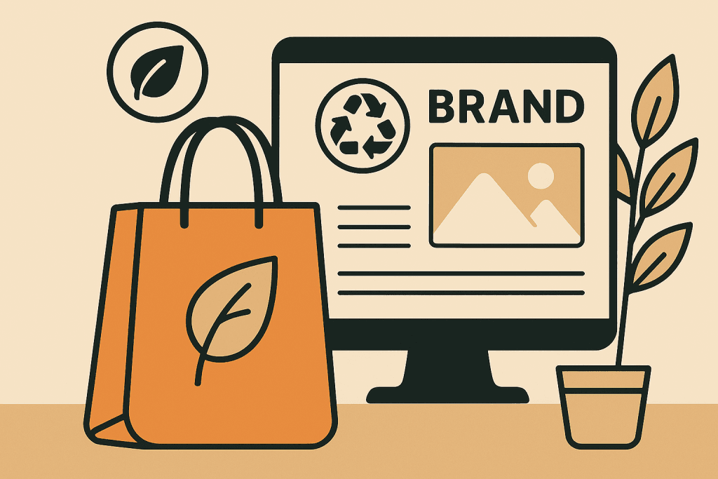 Een digitale illustratie toont een duurzame webshop met een recycle-symbool, een shoppingtas met een blad en een scherm met milieuvriendelijke elementen.