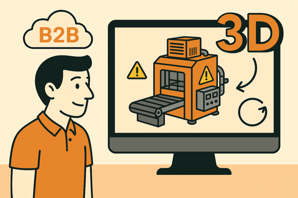 Illustratie van een B2B-professional die een 3D-model van een industriële machine bekijkt op een scherm.