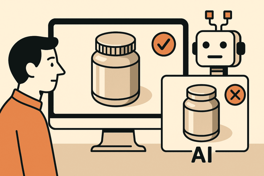 Illustratie toont een vergelijking tussen een professionele 3D-render en een AI-gegenereerde versie van hetzelfde product, met duidelijke kwaliteitsverschillen.