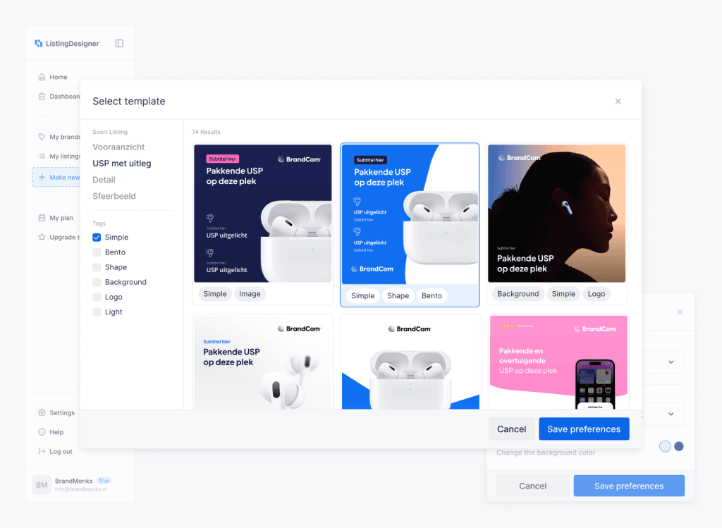 Screenshot van de interface van de Listing Designer tool die templates toont