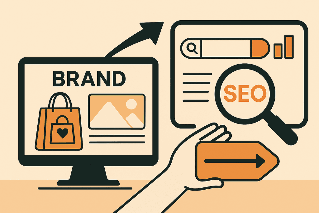Digitale illustratie toont hoe branding en SEO samenwerken voor betere zichtbaarheid in e-commerce.