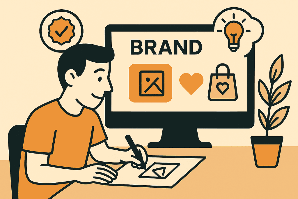 Een jonge ondernemer werkt aan branding met logo-ontwerp op papier en branding-iconen op scherm.