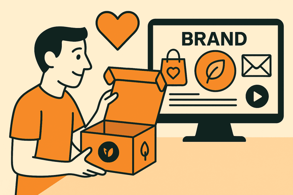 Illustratie van een klant die een branded doos opent voor een computerscherm met visuele brandingelementen.