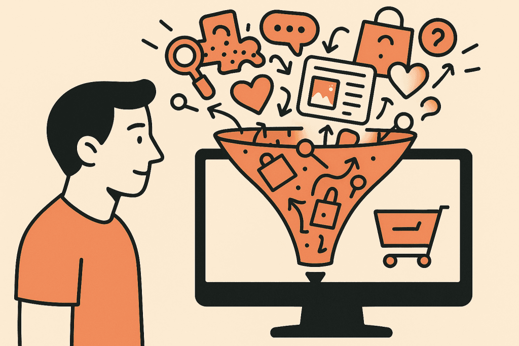 Illustratie van een man die kijkt naar een beeldscherm waarop e-commerce-iconen een trechter ingaan en onderin leiden tot een winkelwagen als conversie.