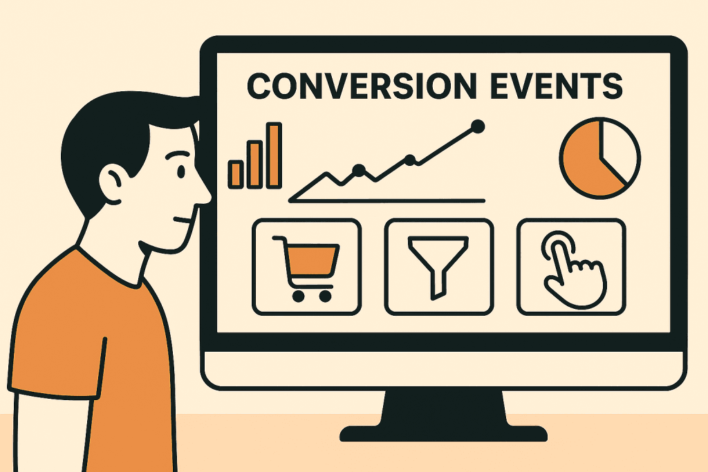 Illustratie van een analist die geconcentreerd kijkt naar een dashboard met conversie-events in GA4, weergegeven op een groot scherm met grafieken en symbolische gedragsiconen zoals winkelmand, funnel, klik en formulierverzending.
