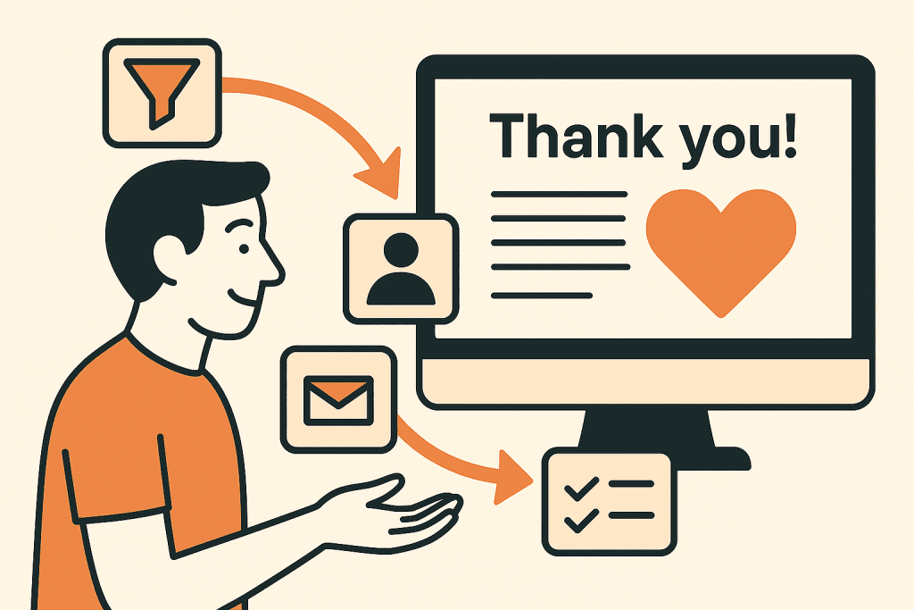 Illustratie van een man naast een scherm met 'Thank you'-bericht en harticoon, omringd door CRM-symbolen en pijlen richting klantinteracties.