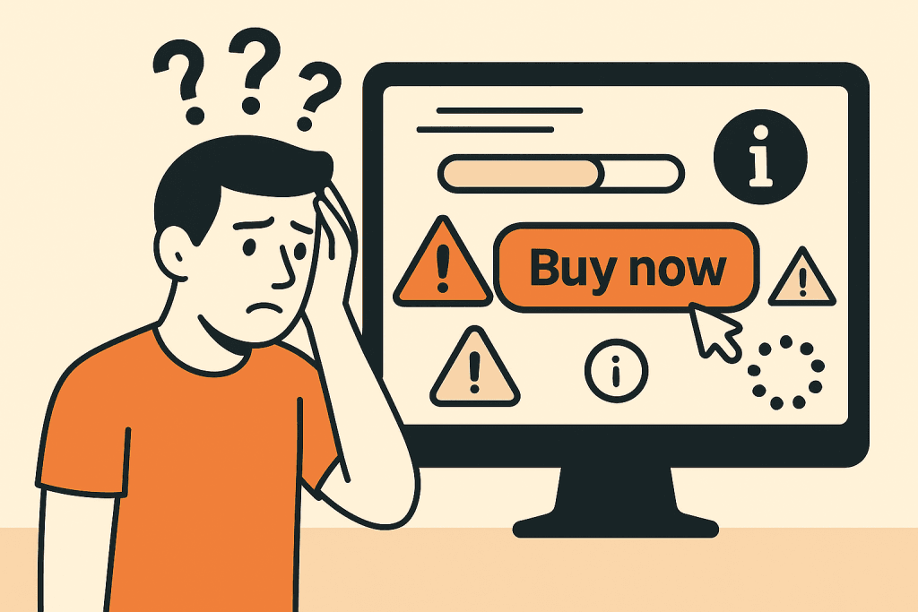Illustratie van een bezorgde man voor een laptop met waarschuwingssymbolen en trage laadelementen rond een "Buy now"-knop, als symbool voor stille frictie tijdens checkout.