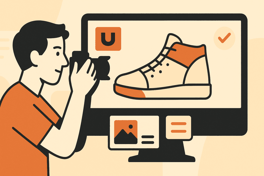 Een jonge fotograaf legt een sneaker vast met een camera terwijl het resultaat op een scherm verschijnt in gestileerde flat design stijl.