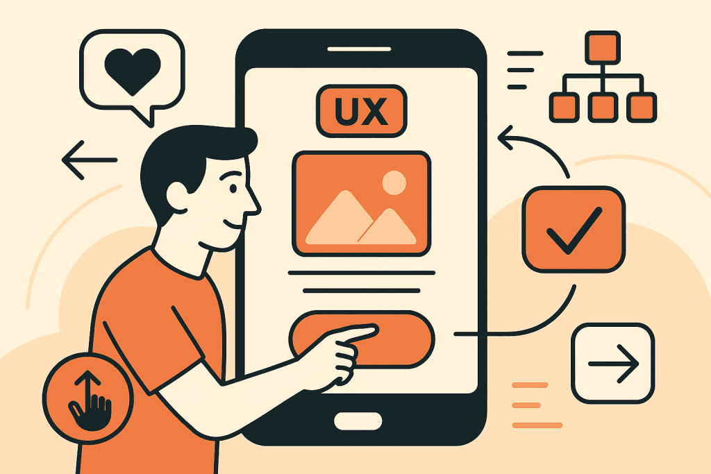 Illustratie van een man die met zijn duim een mobiele interface bedient met swipe-iconen, UX-structuur en visuele CRO-elementen op het scherm.