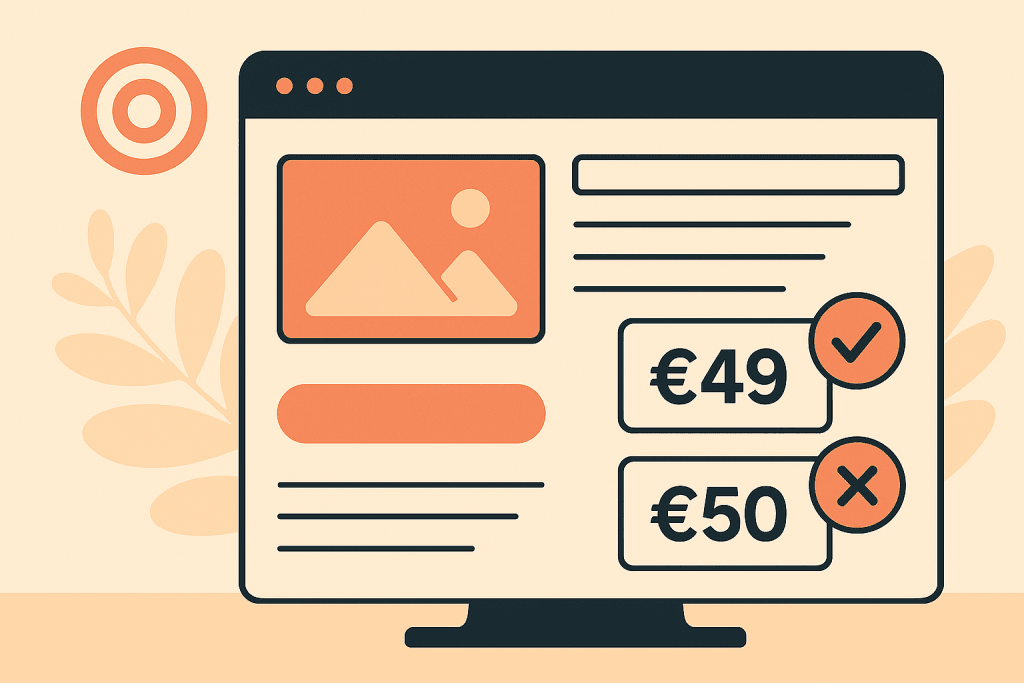 Illustratie van een e-commerce productpagina met de prijsopties €49 en €50 in kaders naast elkaar, waarbij €49 wordt benadrukt als aantrekkelijker met visuele cues.