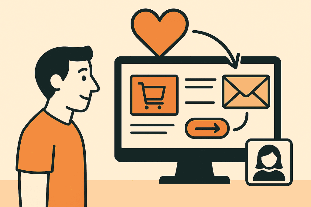 Illustratie van een klant die na een online aankoop gepersonaliseerde aanbevelingen en e-mailcontact ontvangt op een scherm