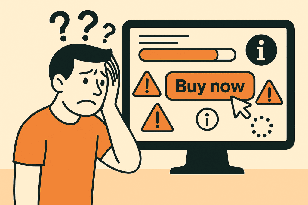 Illustratie van een gefrustreerde man voor een computer met verwarrende interface-elementen zoals een “Buy now”-knop, waarschuwingsiconen en een laadicoon.