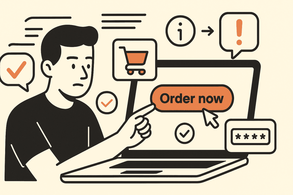 Een jongeman navigeert door een webshopinterface met microcopy-iconen zoals checkmarks, foutmeldingen en een bestelknop.