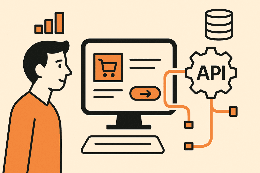 Illustratie van een man die een webshopinterface bekijkt terwijl API-koppelingen visueel data uitwisselen met externe systemen.